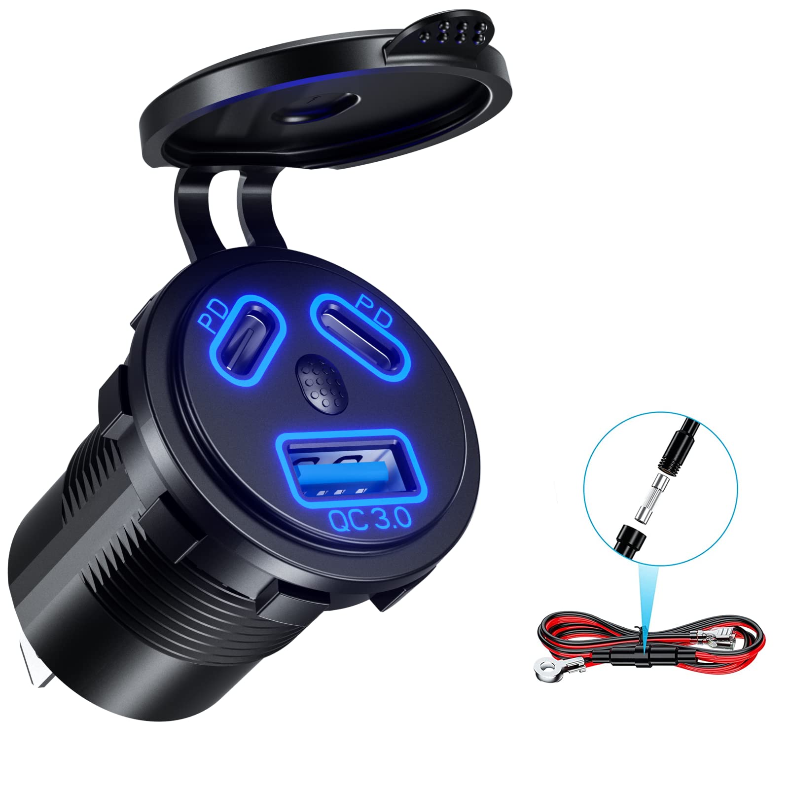 KEWIG 12V USB Outlet Quick Charge 3.0 USB Charger Socket & Dual PD Type - C Ports, USB Cigartte Lighter Socket with ON/Off Switc