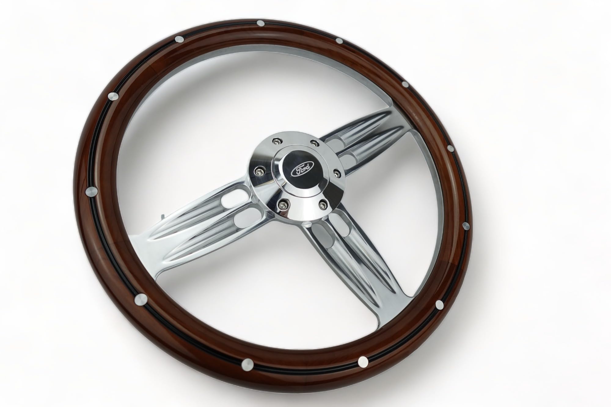 New World Motoring 14" Billet Steering Wheel, Mahogany Wood Half Wrap, Compatible with Ford Bronco F100 F150 CARS TRUCKS