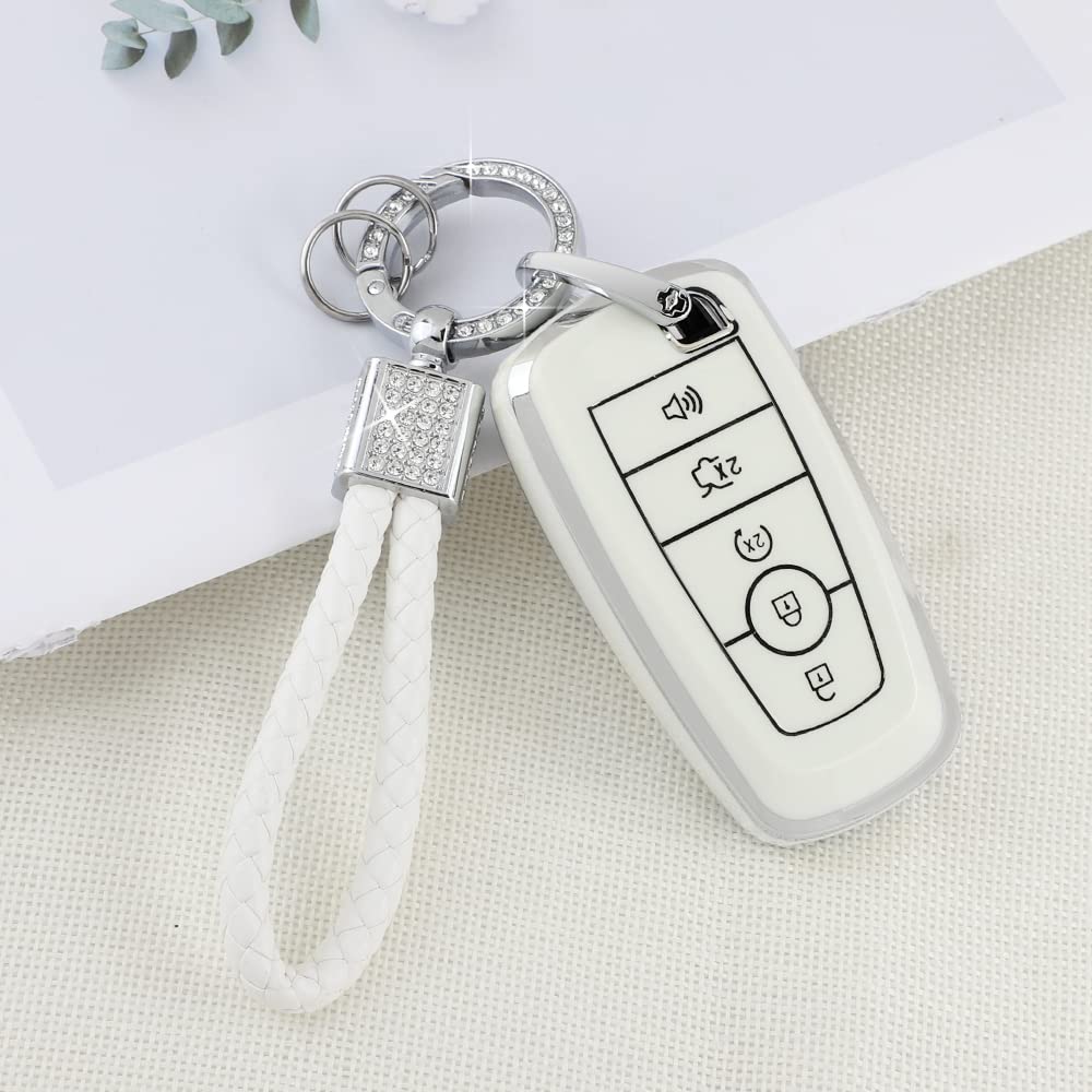 Pifoog White Key Fob Cover For Ford Bling Keychain 5 Buttons Keys Case Protector For Ford Explorer Mustang Edge Fusion Escape Expedition F150 Tpu White Silver Girly Women