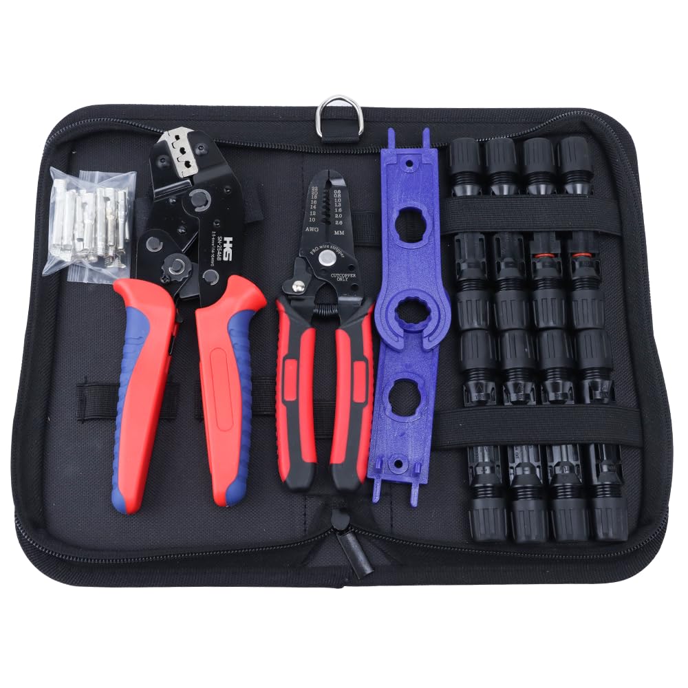HKS Solar PV Panel Crimping Tool Kit with Crimper Stripper and 8 Pairs Solar connectors and 1Pair Solar Connector Spanner Wrench