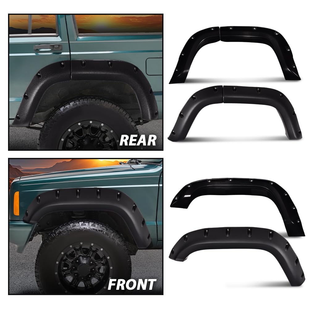G-PLUS Fender Flares for Jeep Cherokee XJ 1984-2001, Black Polypropylene, Textured Pocket Rivet, 6pcs, Not for Models with Side Skirts