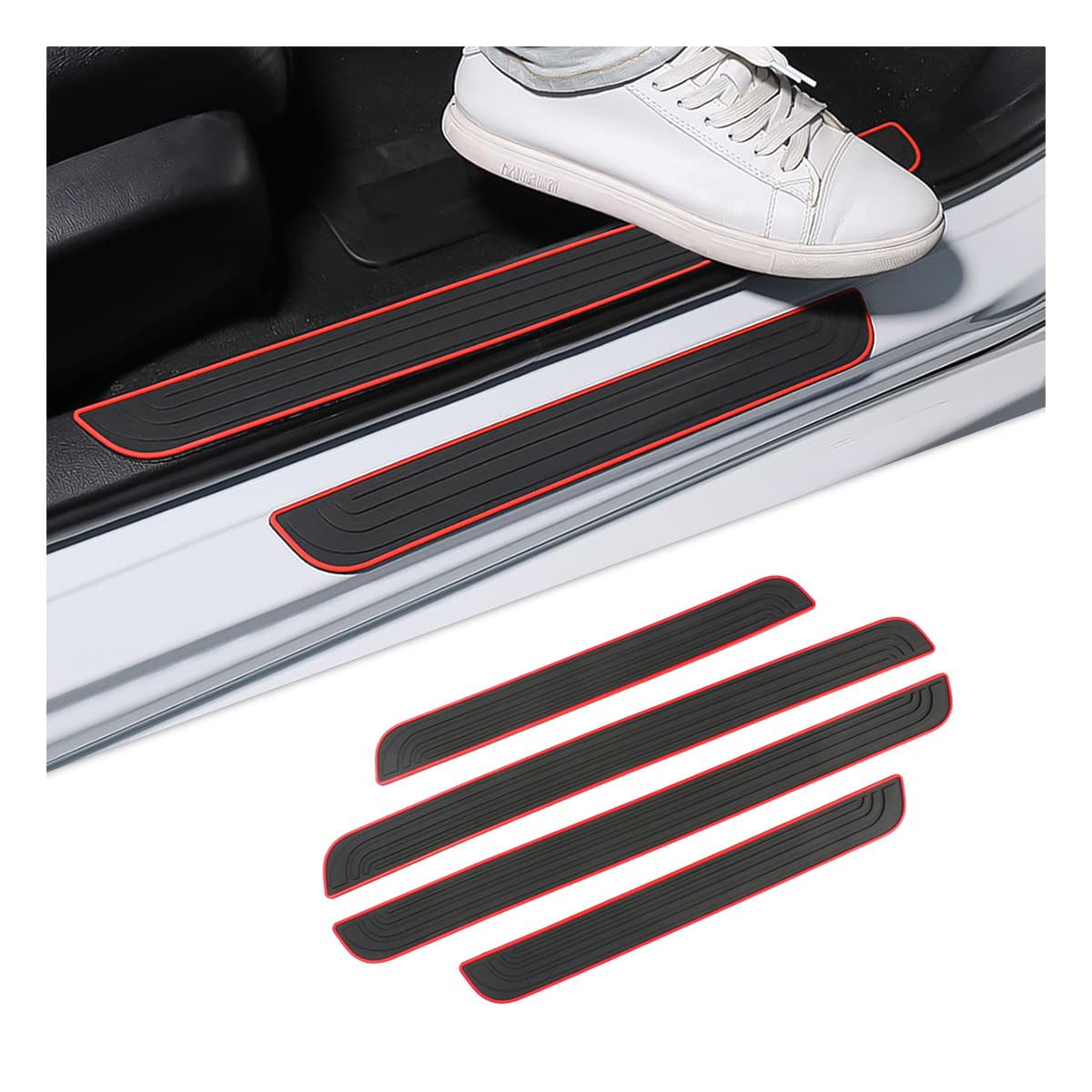 4Pcs Car Door Sill Plate Protectors, Auto Door Entry Guards Sill Scuff Cover Panel Step Protector, Pvc Rubber Anti-Scratch Front Rear Door Pedal, Car Accessories For Most Vehicles (Black/Red)
