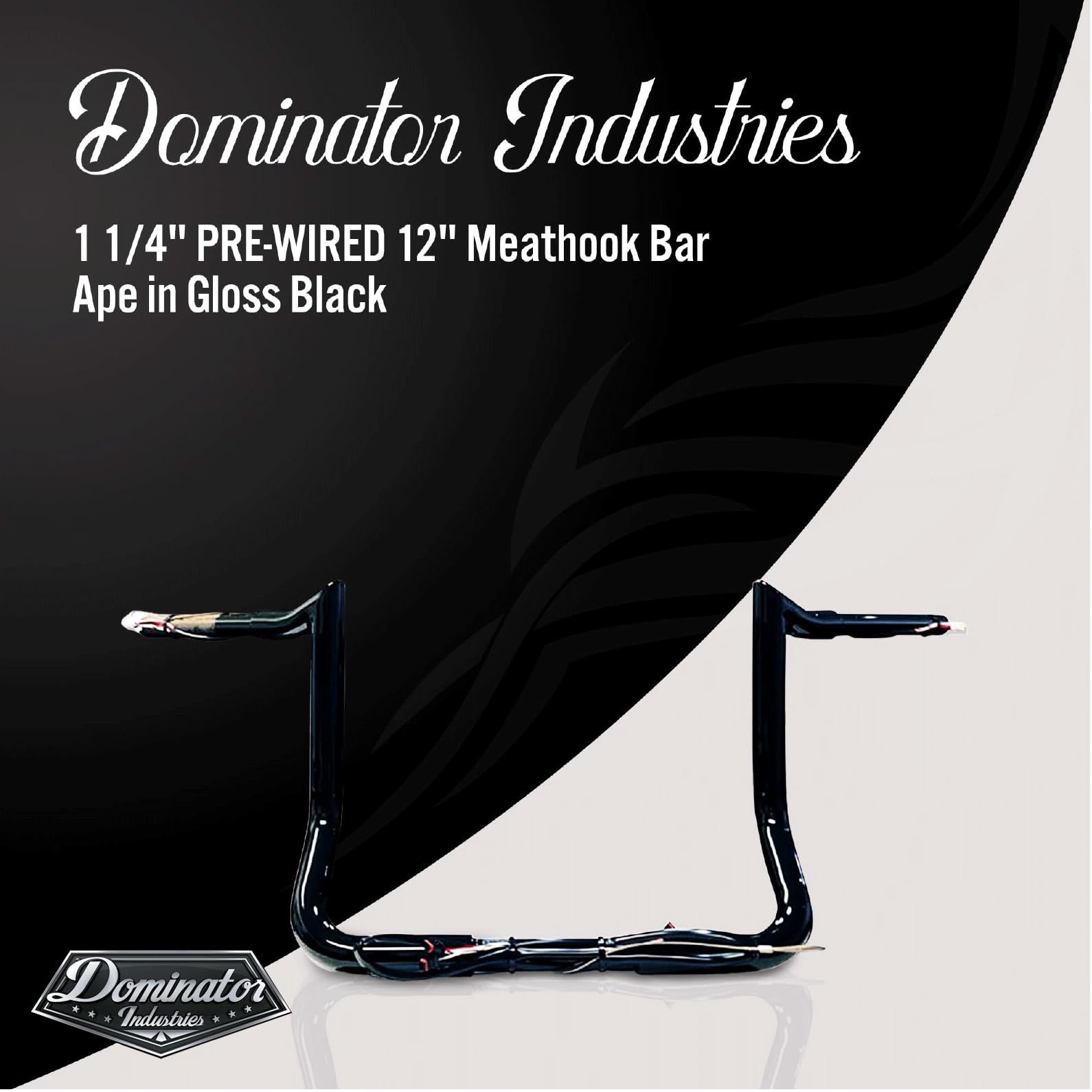 Dominator Industries 12" Meathook Bar Ape Hangers Handlebars for 2014-2023 Harley-Davidson Bagger Touring, Gloss Black