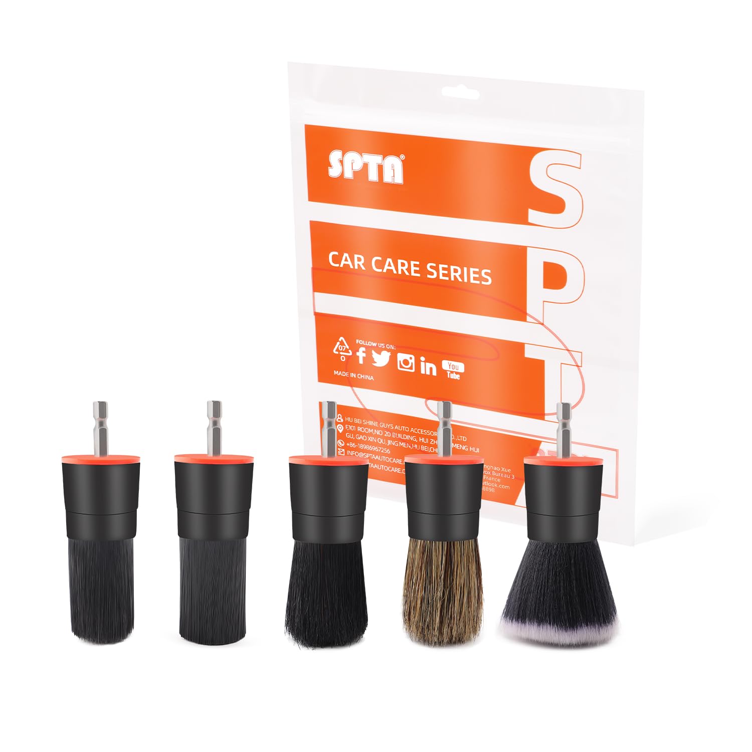 SPTA Drill Brush Attachment, 5 Pcs Mixed Hair Drill Brush Head Set, Auto Detail Set, Replacement Car Detail for Cleaning Interio
