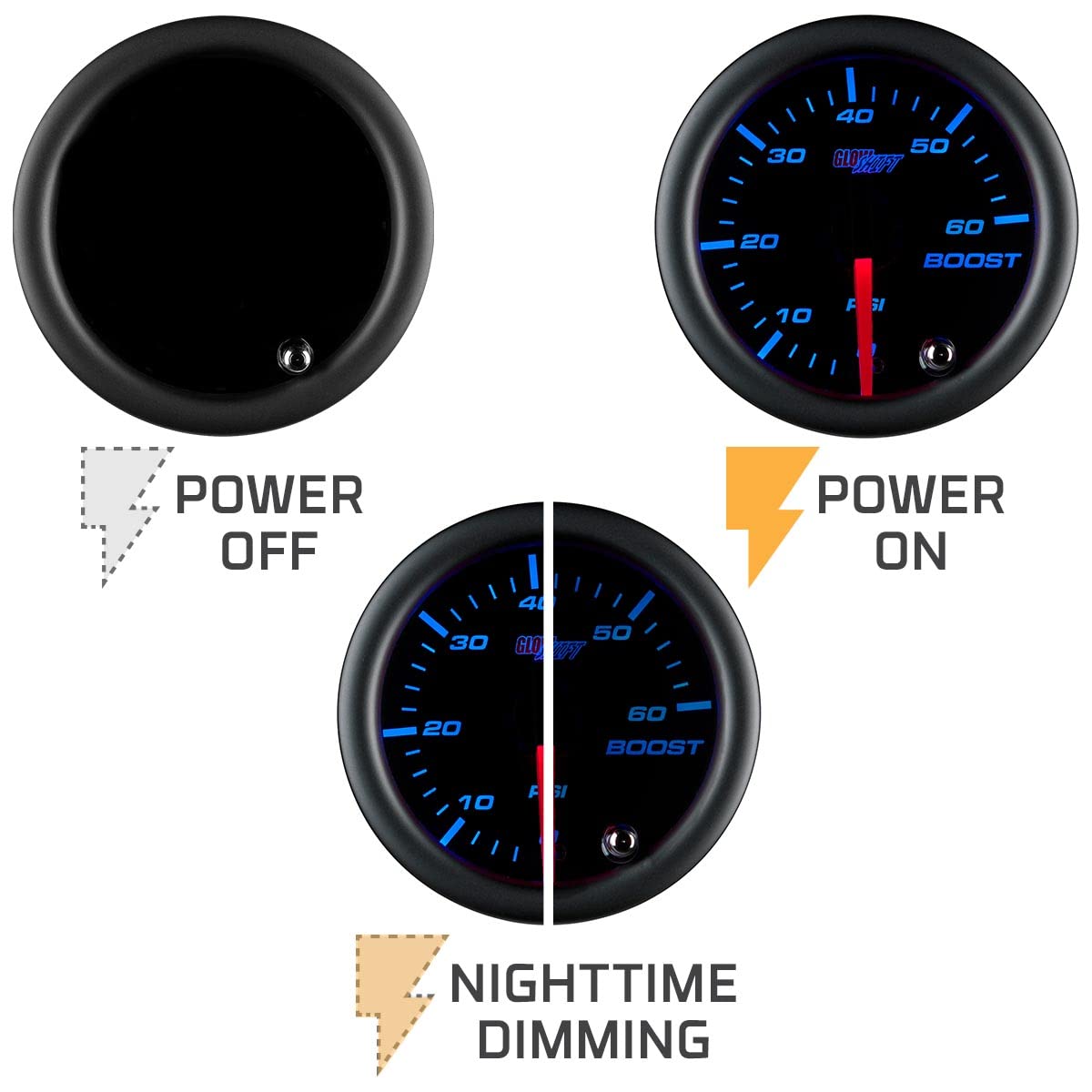 Glowshift Tinted 7 Color 60 Psi Turbo Boost Gauge Kit - Includes Mechanical Hose, 1/8-27 Npt Fittings & Wiring - Multi-Color Dis