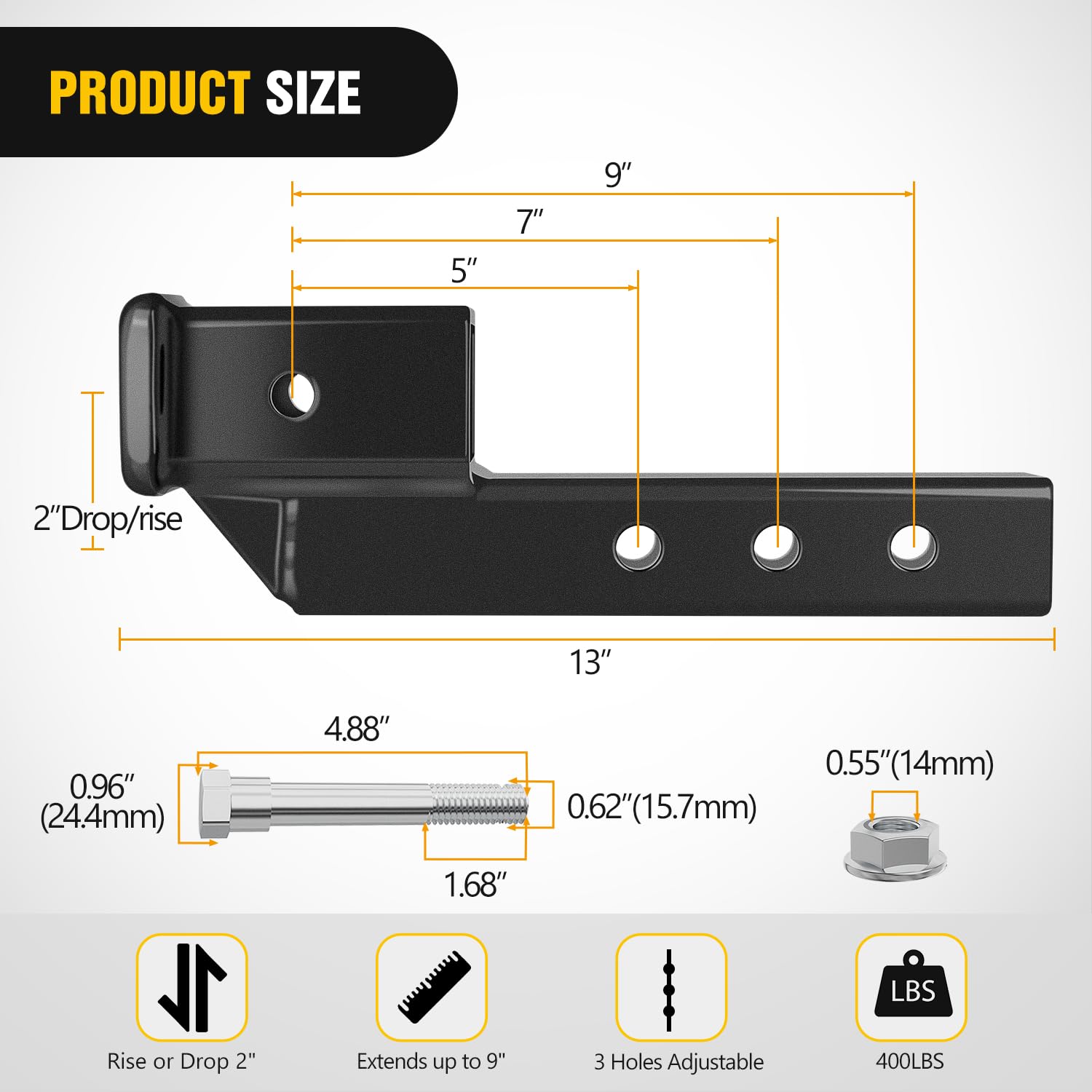 Nilight Trailer Hitch Extension Riser, 2" Receiver, 2" Rise/Drop, 7500 lbs Capacity, Adjustable 5"-9", Alloy Steel, Matte Black