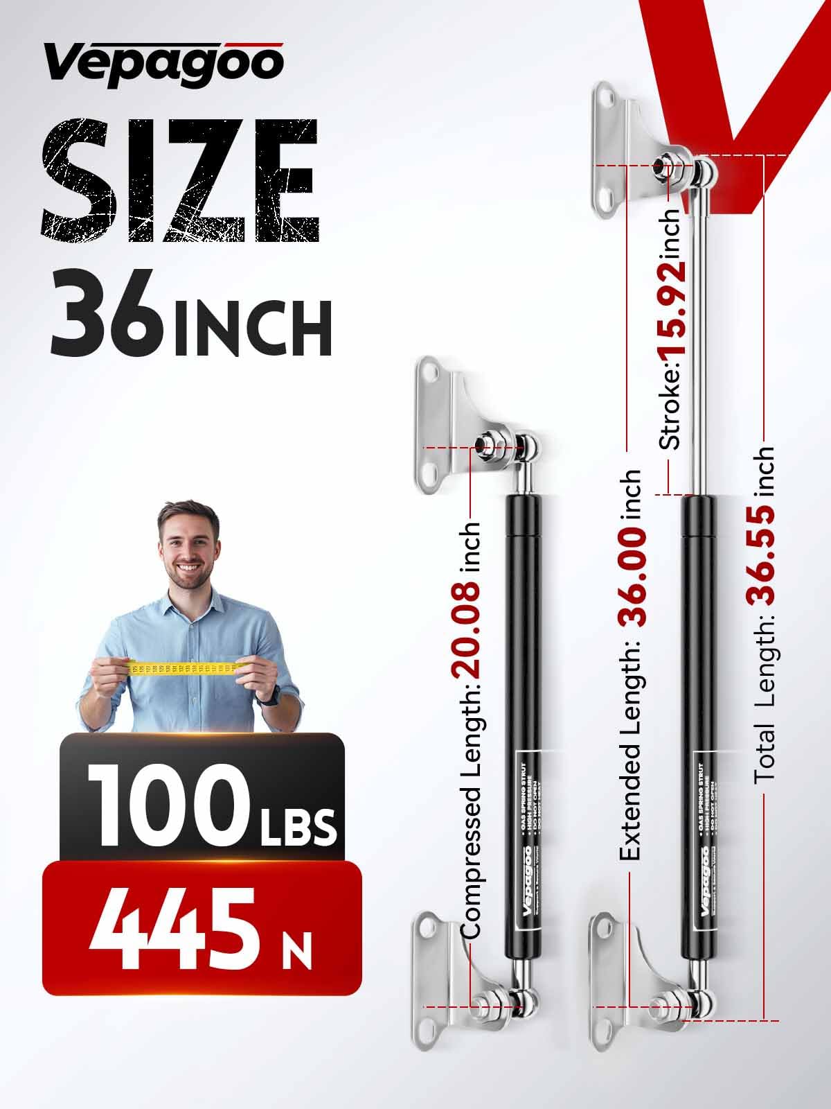 Vepagoo 36 Inch 100Lb/445N Gas Struts Shock Spring With Mounting Brackets, Lift Supports For Rv Bed Heavy-Duty Lid Box Trailer C