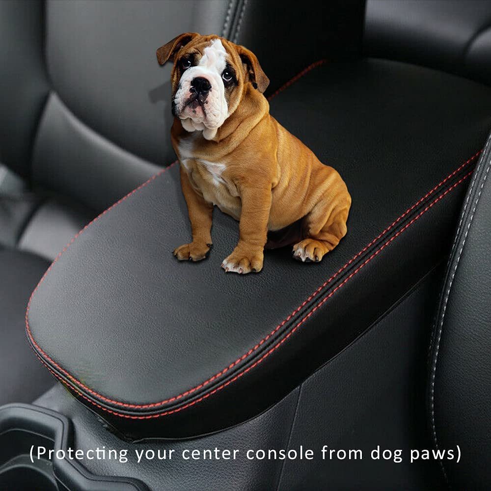 Auprite Center Console Armrest Cover For Toyota Rav4 2019-2023 2024, Auto Armrest Protector Organizer Pad For Rav4 Interior Accessories (Black With Red Stitches)