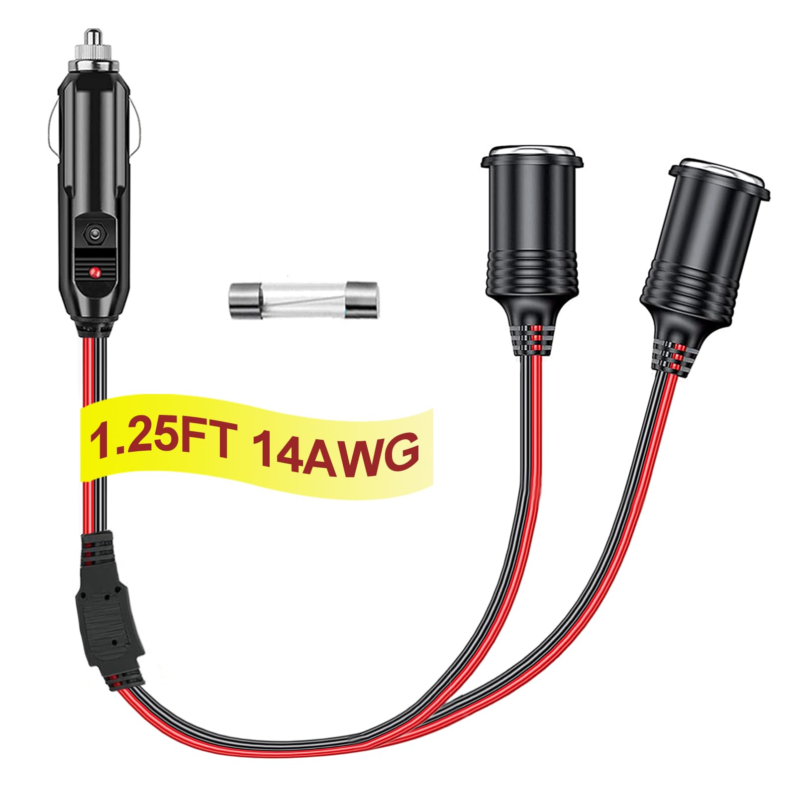 RWUJILONG 12V Cigarette Lighter Socket Splitter, 12 Volt Splitter 2 Socket 1.25FT Car Plug Splitter, Cigarette Lighter Splitter 