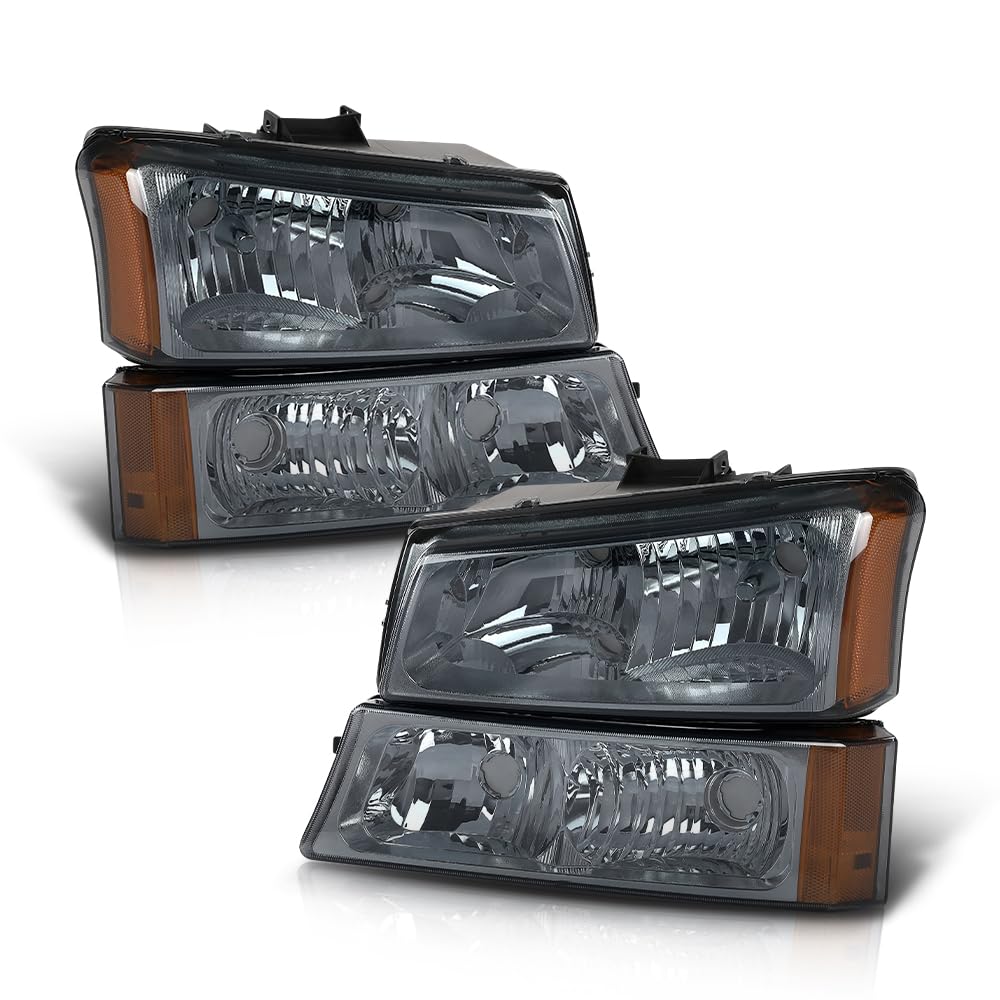 GRAND ORANGE Headlights Assembly Bumper Lamps Compatible with Chevy Silverado Avalanche 2003-2006 Chrome Housing Clear Corner Se