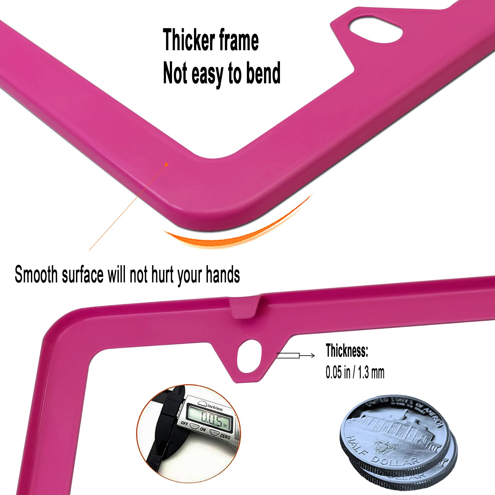 YoUoY Pink Aluminum License Plate Frames for Girls, 2 Pack Slim Holders with Stainless Steel Screws & Rattle Proof Pads
