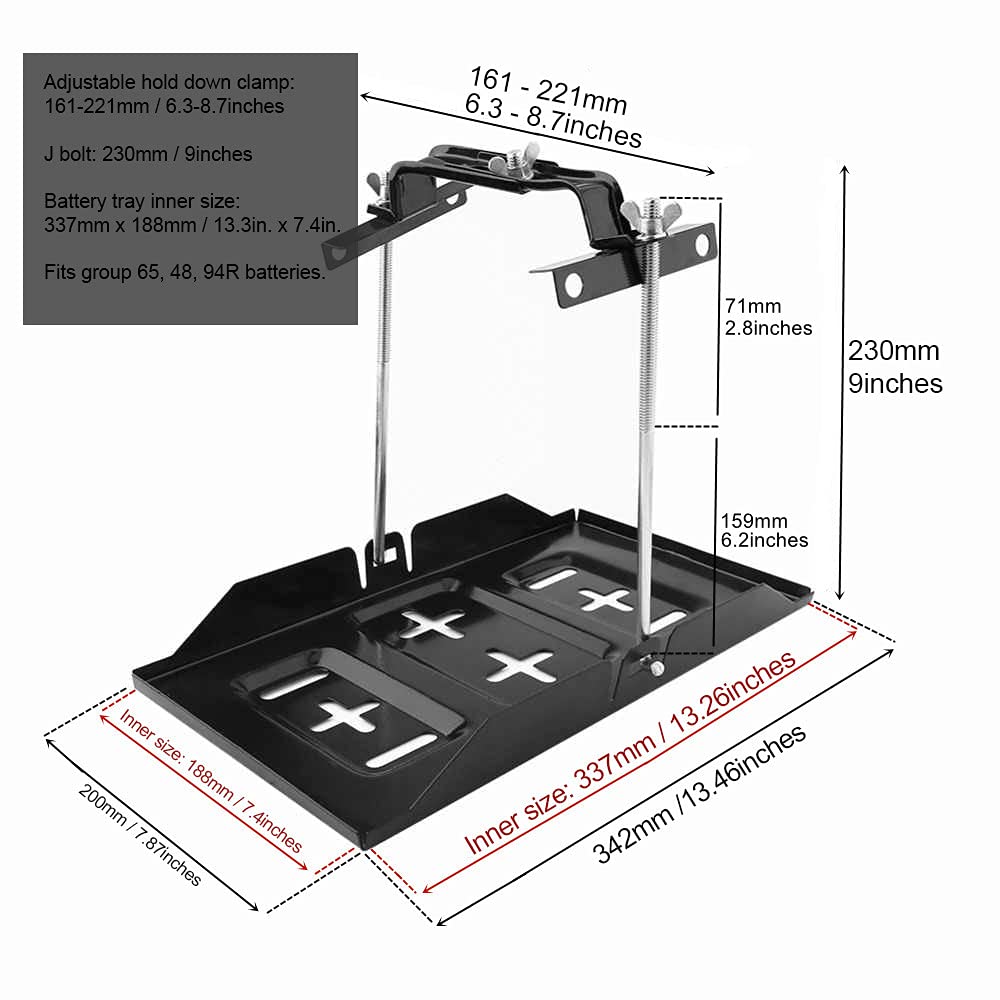 Thepro Battery Hold Down Tray Kit, Corrosion-Resistant Steel Storage Battery Holder Adjustable Bracket Clamp For Car, Boat, Mari
