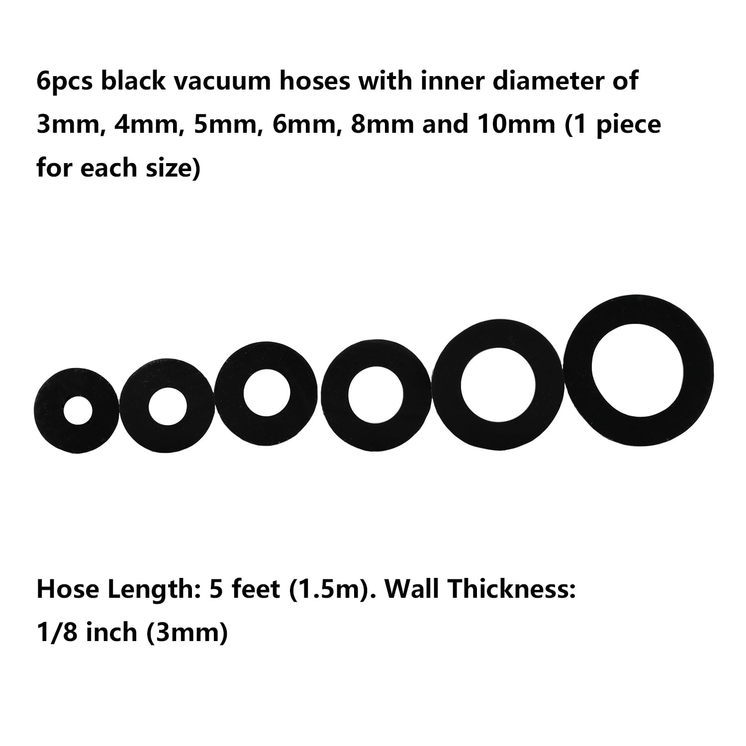 Ucreative Silicone Vacuum Tubing Hose Kit, 10FT, 6PCS, 1/8"-3/8", Black, Model U-ZKG-CO-3M-BK