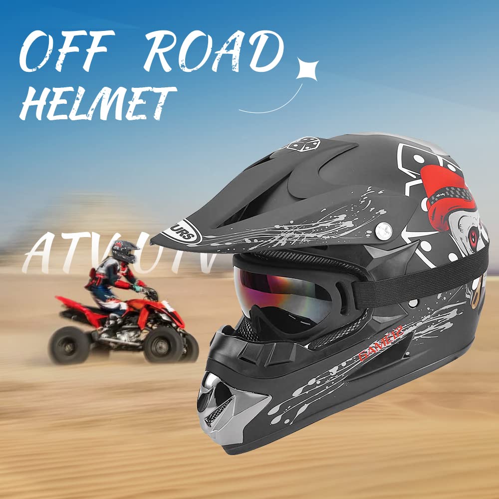 Oumurs Adult Dirt Bike Helmet with Goggles, Gloves & Mask - Small, Plastic, New Black Skull Design, DOT Approved for ATV & Motocross