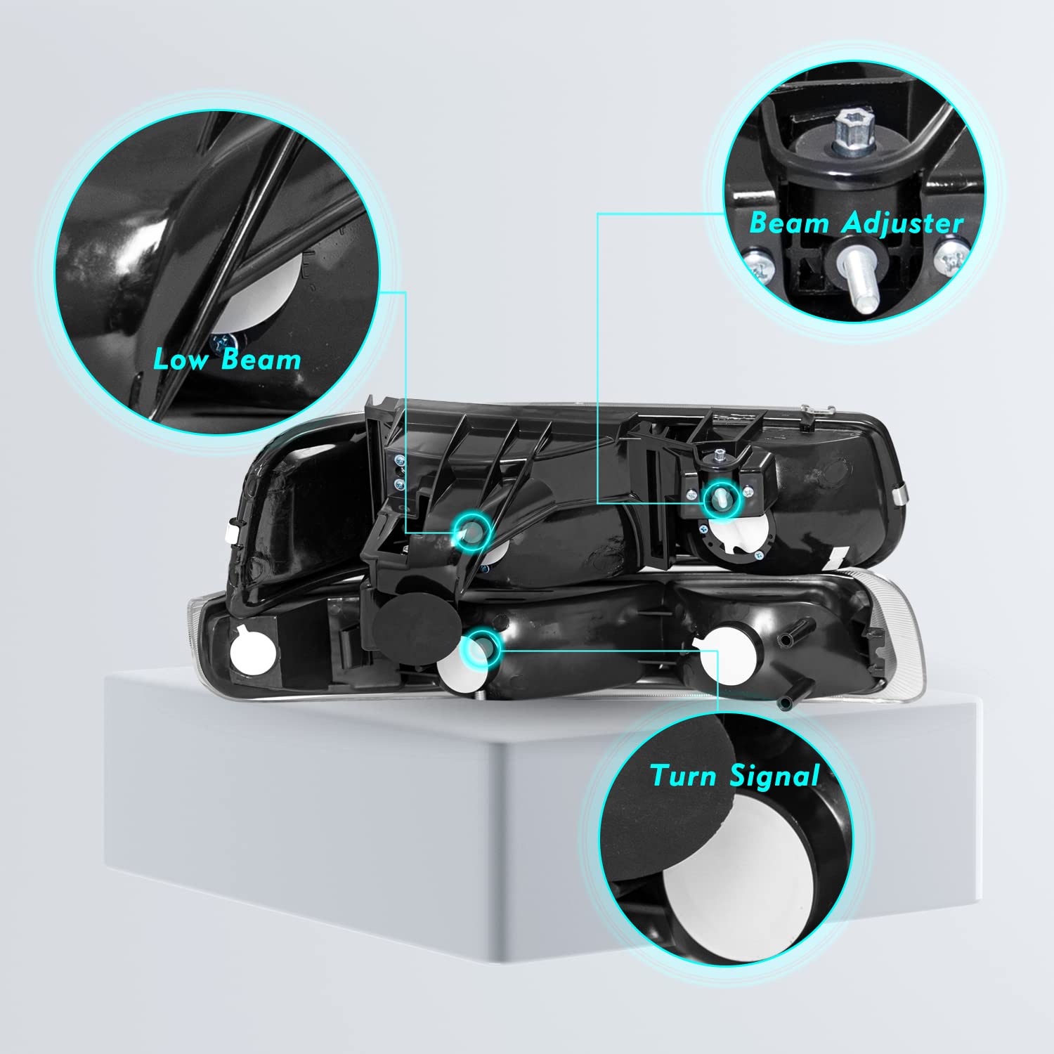 TUSDAR Headlight Assembly for GMC Sierra 1500/2500/Yukon - Black Housing, Model TR019-BB-M, Fits 99-07 (Excludes Denali)