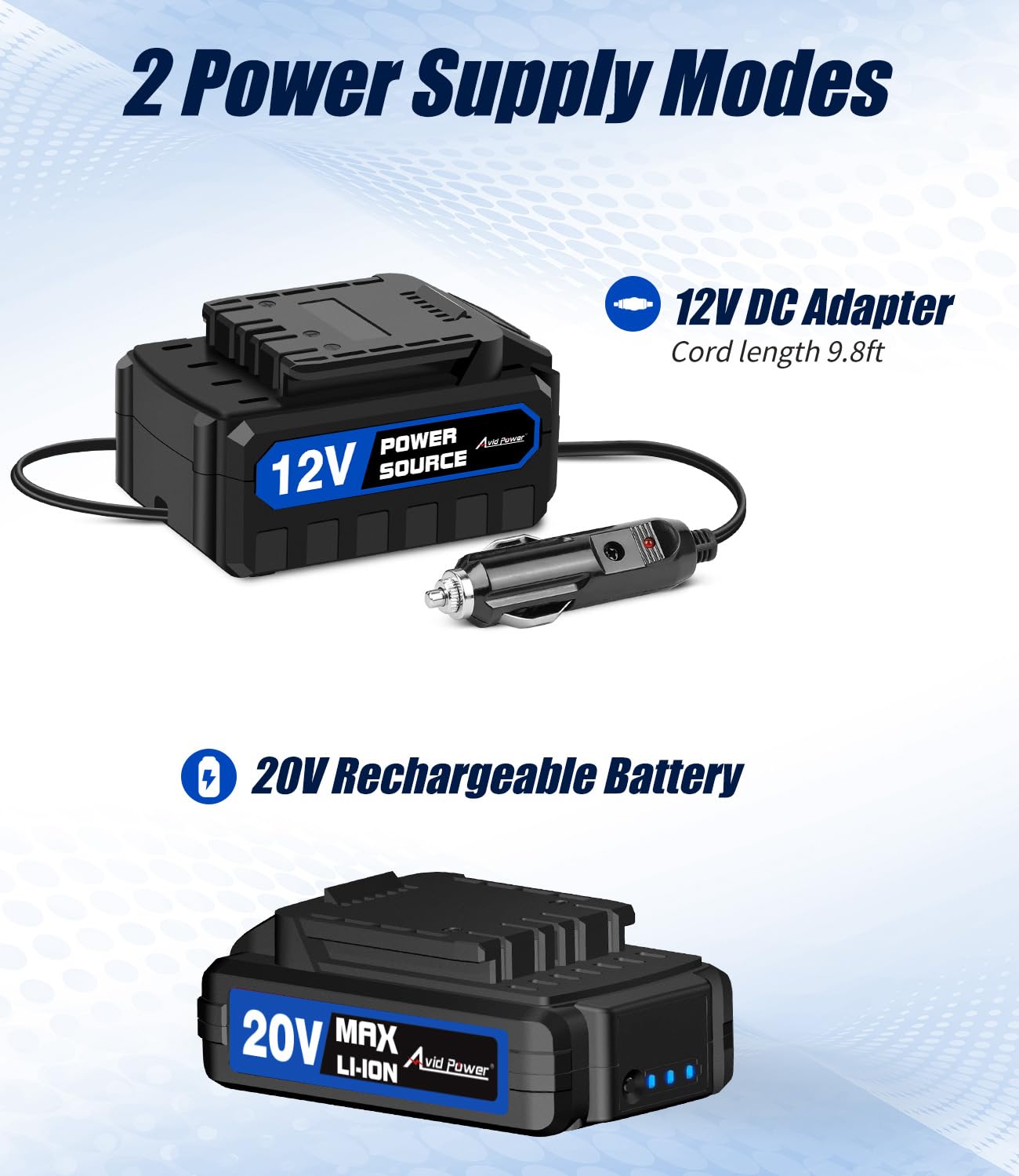 AVID POWER 20V Cordless Tire Inflator with Digital Pressure Gauge, 12V Car Adapter, Portable Air Pump - Blue, Model ACAP115D-B
