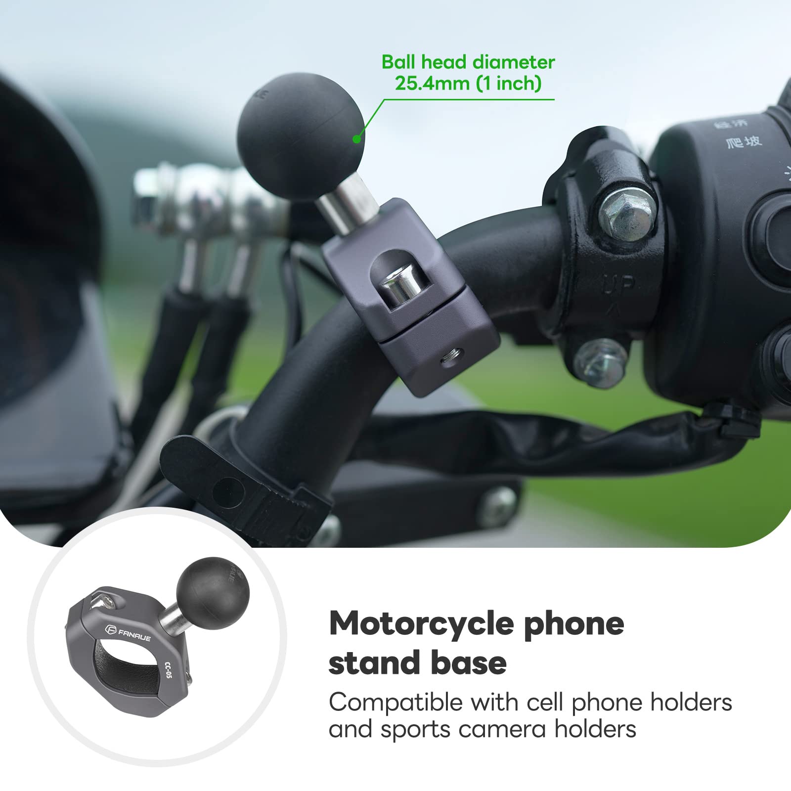 FANAUE Handlebar Clamp Mount U-Bolt Base with B Size 1'' Ball for 0.85'' to 1.14'' Diameter Rail, Compatible with RAM Mounts B S