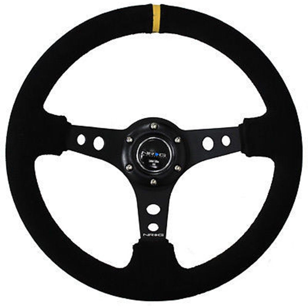 NRG Innovations NRG-RST-006S-Y Reinforced Steering Wheel 350mm Sport Steering Wheel (3 Deep), Suede Black Stitch with Yellow Cen