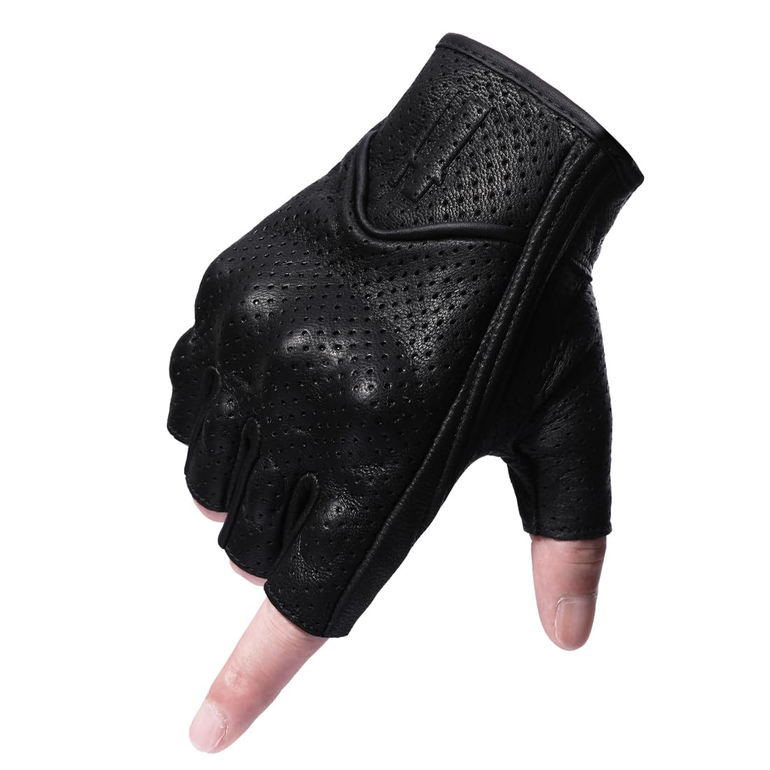 Harssidanzar Men's Motorcycle Gloves Leather Perforated Motorbike Riding Driving Gloves CM044US, Black, Size X-Large
