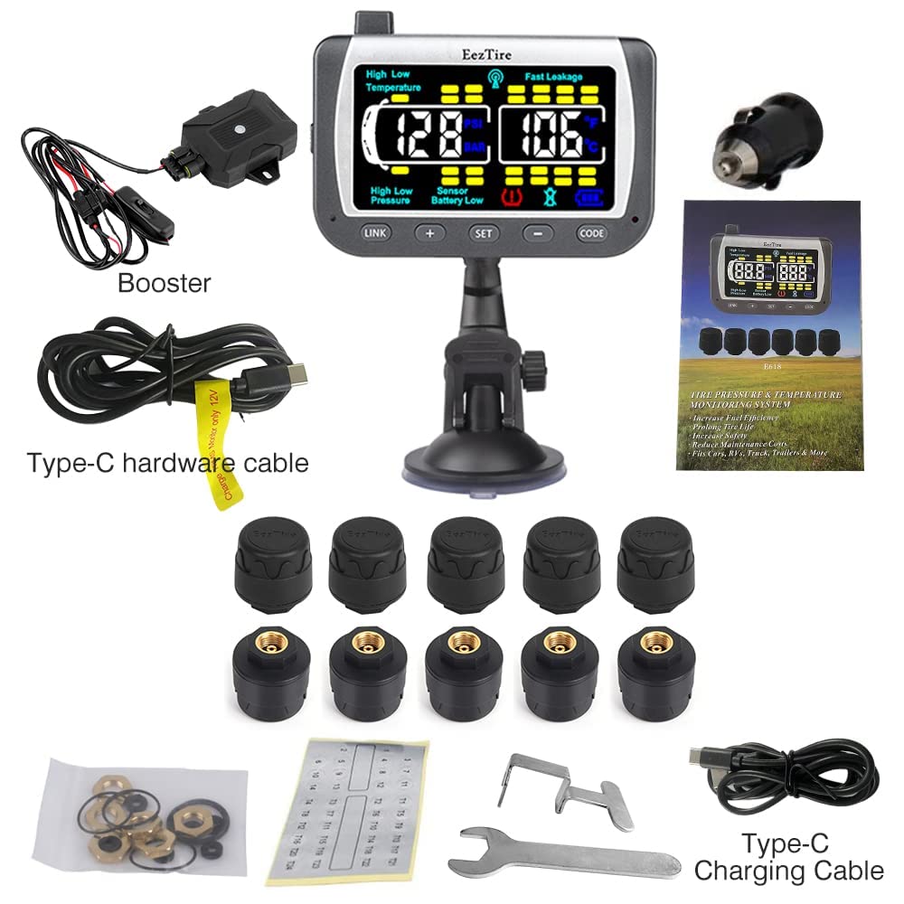 EEZ RV Products EezTire TPMS10ATCB Tire Pressure Monitoring System with 10 Anti-Theft Sensors + Booster, Color Monitor