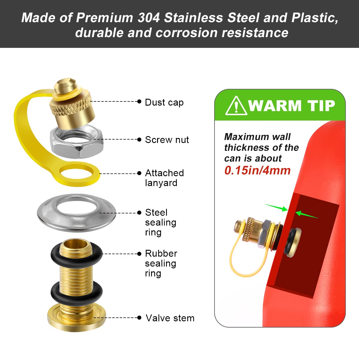 Magicfour Fuel Gas Can Vent Caps - 6 Pack Stainless Steel Replacement Vent Plugs for Faster Flowing Gas and Water