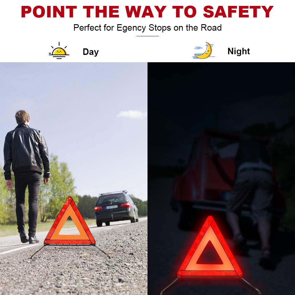 Funlove Foldable Warning Triangles Road Safety Triangle Kit, 3 Pack Of Reflective Triangle Sign With Storage Case, Dot Approved