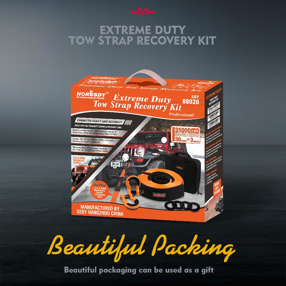 Horusdy Nylon Heavy Duty Tow Strap Recovery Strap With Hooks 3'' X 30Ft - 35,000 Lbs Break Strength, 3/4 D Ring Shackles (2Pcs),