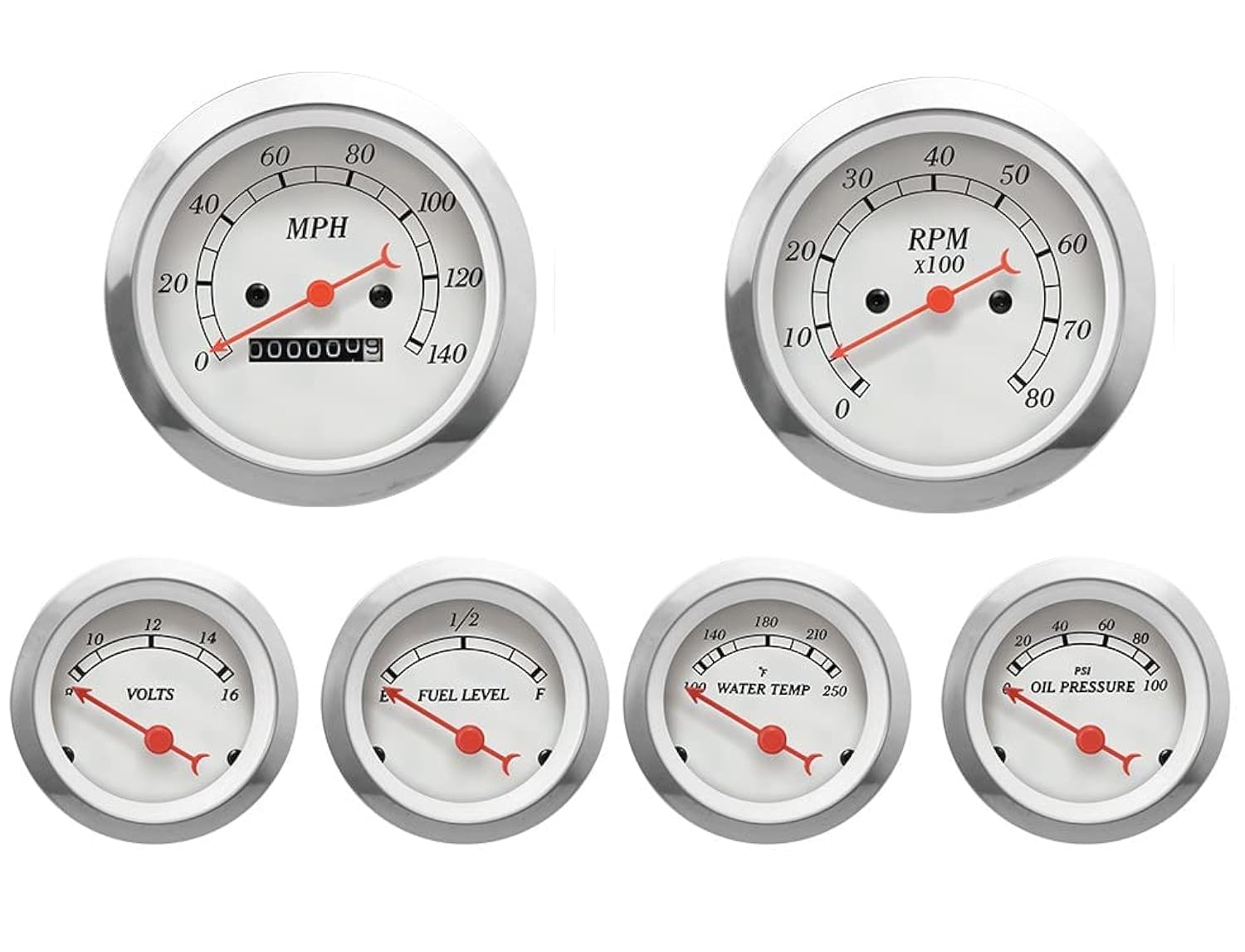 MOTOR METER RACING Classic 6 Gauge Set with Mechanical Speedometer Analog Odometer White Dial Red Needle Light Bulb Illumination