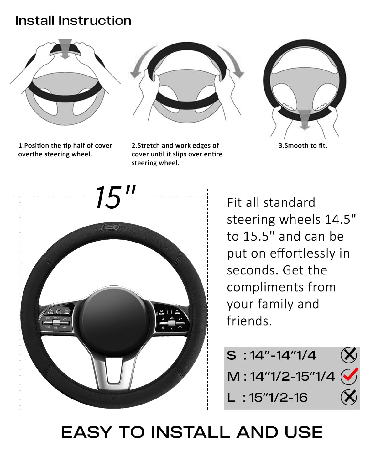 Skechers Memory Foam Steering Wheel Cover - Anti-Slip Comfort, 14.5-15 inch, Black, Fits Most Trucks, SUVs, Cars