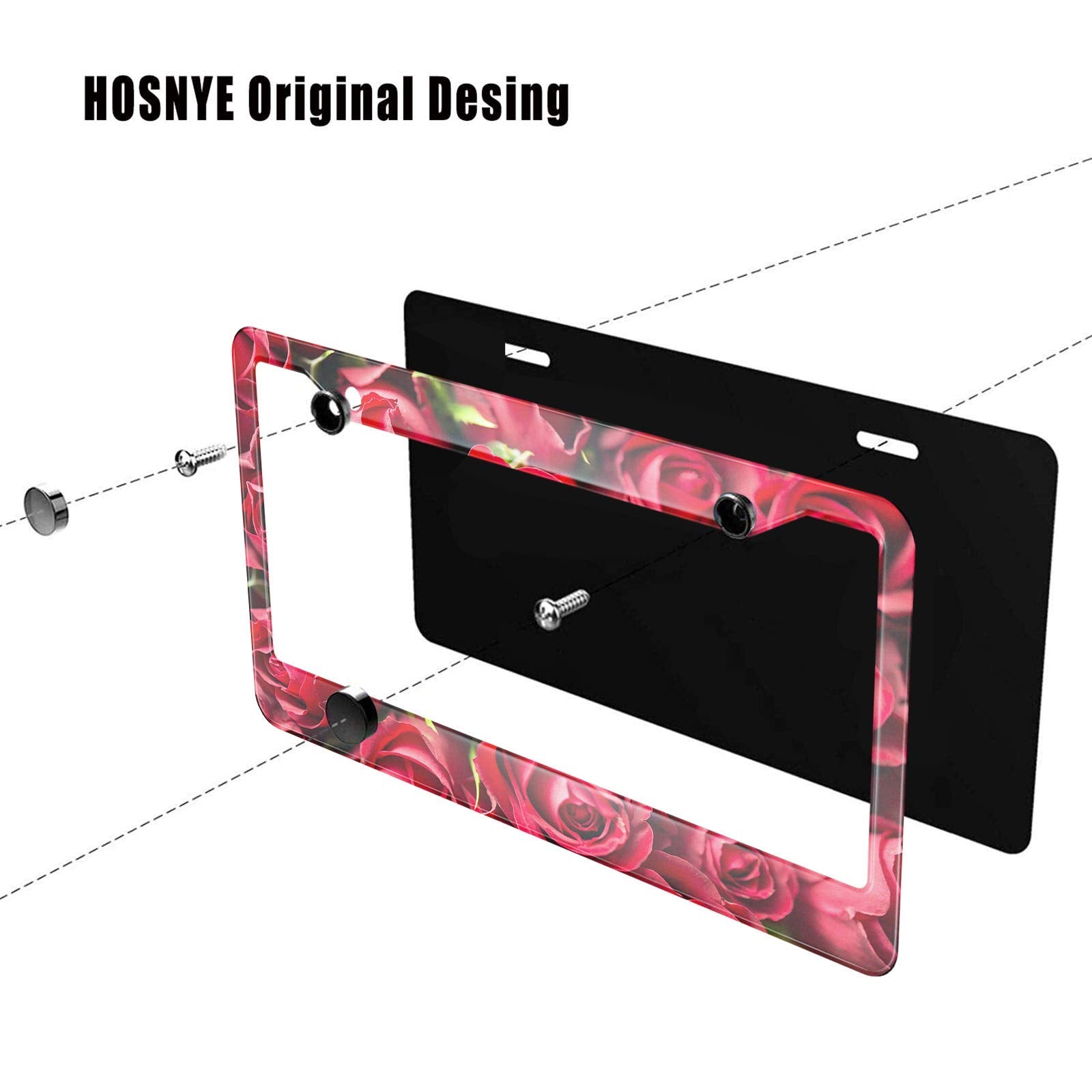 HOSNYE Red Rose Flower License Plate Frame Natural Texture of Love Metal License Plate Cover Front Plates Frames Car Tag Frame f
