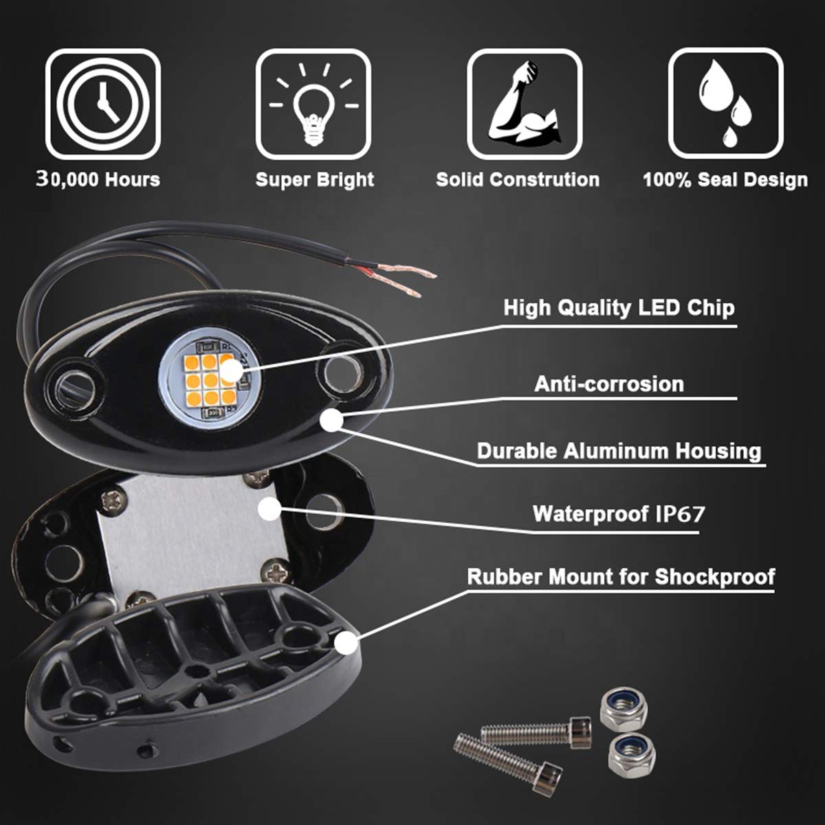 White Led Rock Lights, 4 Pods Neon 12V Waterproof Underglow Underbody Kit Crawler Crawling Dome Exterior Wheel Lights For Atv Rz