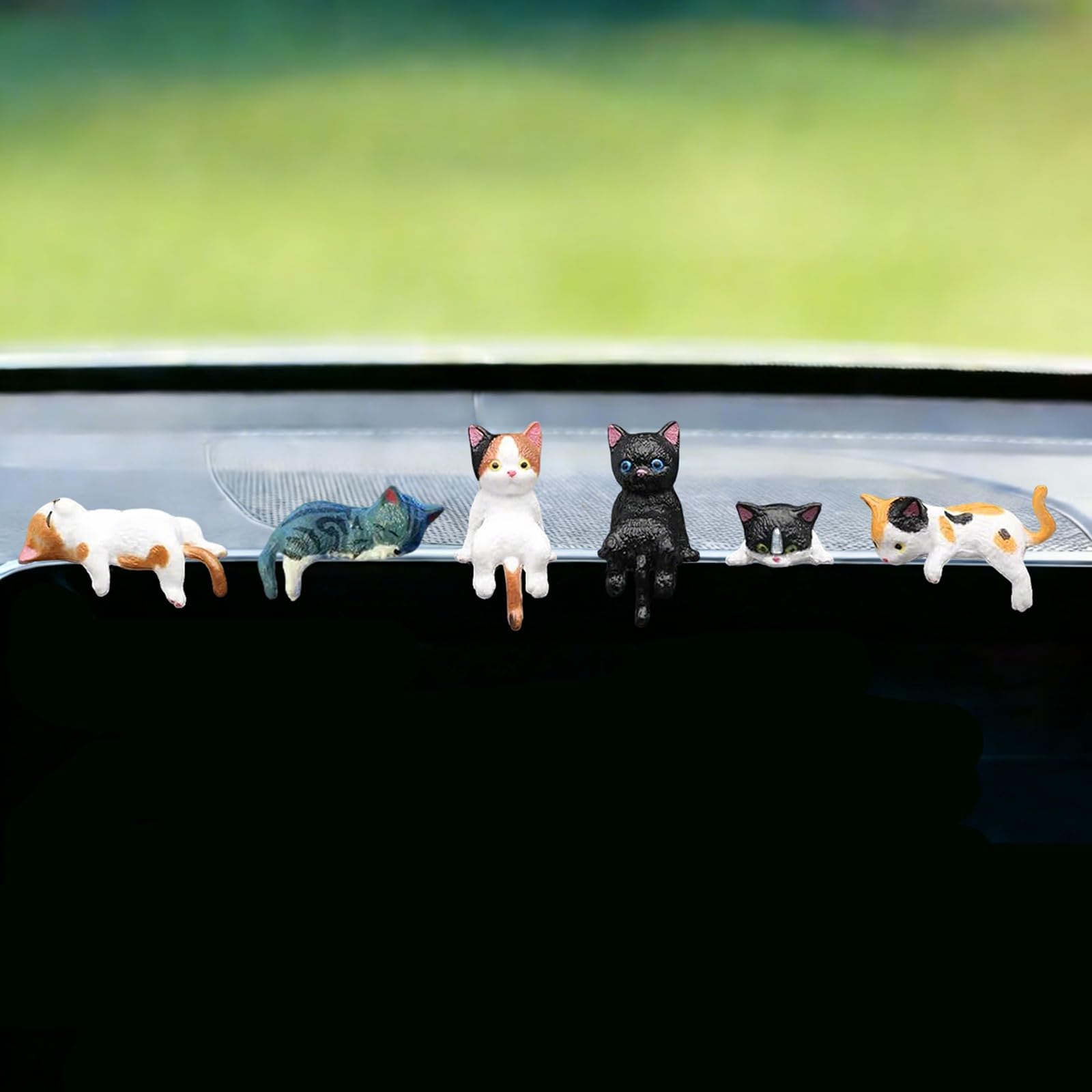 6 Pcs Cat Car Decor Dashboard Accessories, Mini Cat Figurines Cute Car Rear View Mirror Gifts for Office Car Home Decor, Funny C