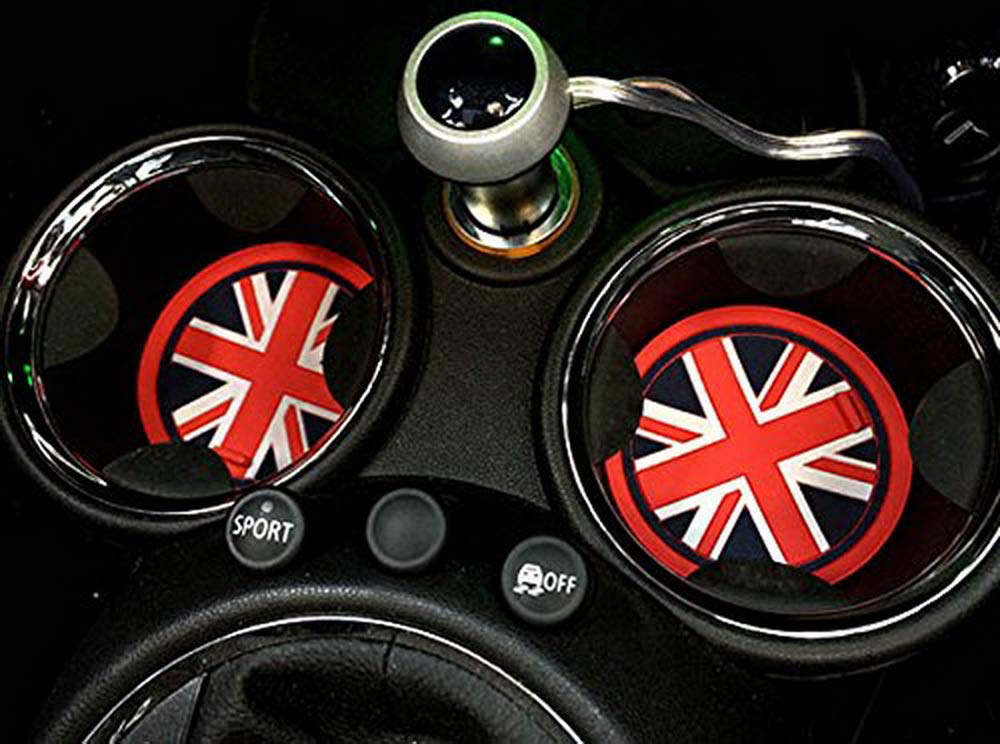 Ijdmtoy Union Jack Style Silicone Interior Cabin Mats Compatible With Mini Cooper R55 R56 R57 R58 R59, 7-Piece Red/Blue Cupholder Coasters, Side Door Compartment Liners