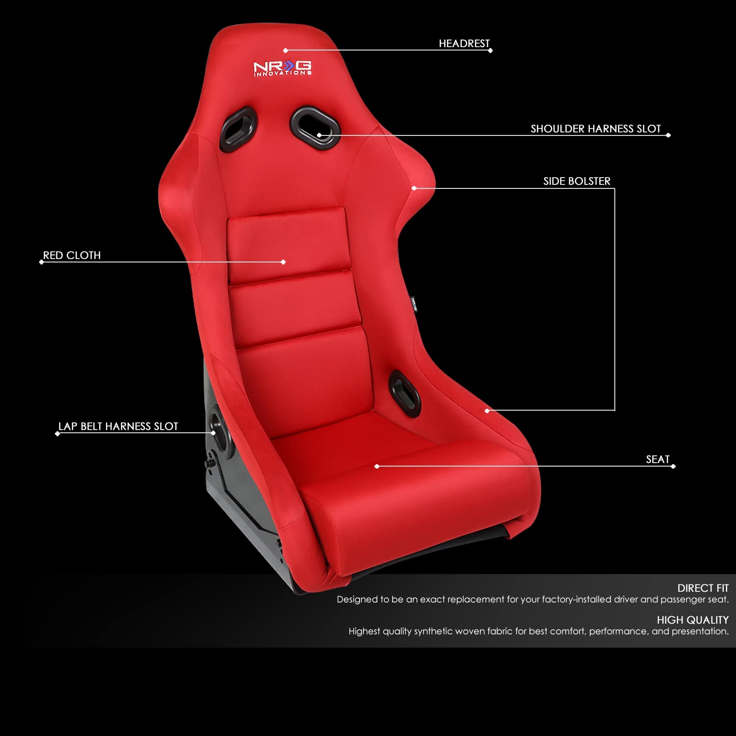 NRG Innovations Fiber Glass Racing Seat FRP-300RD, Large, Red/Black, 4 pt Harness Compatible, 20"W x 17"D x 35"H