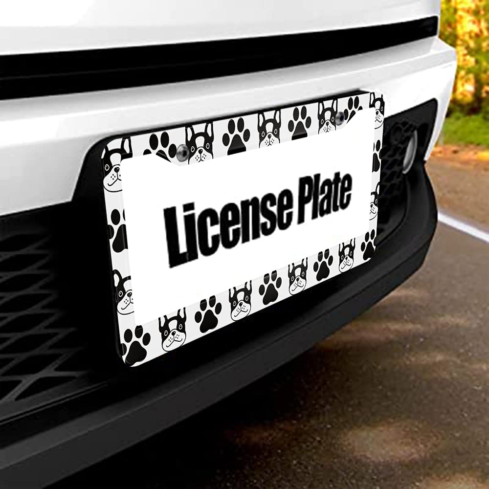 Beabes Black French Bulldog License Plate Frame Cute Pet Animal License Plate Holder Cat Paw Print Car Tag Frame License Plate C