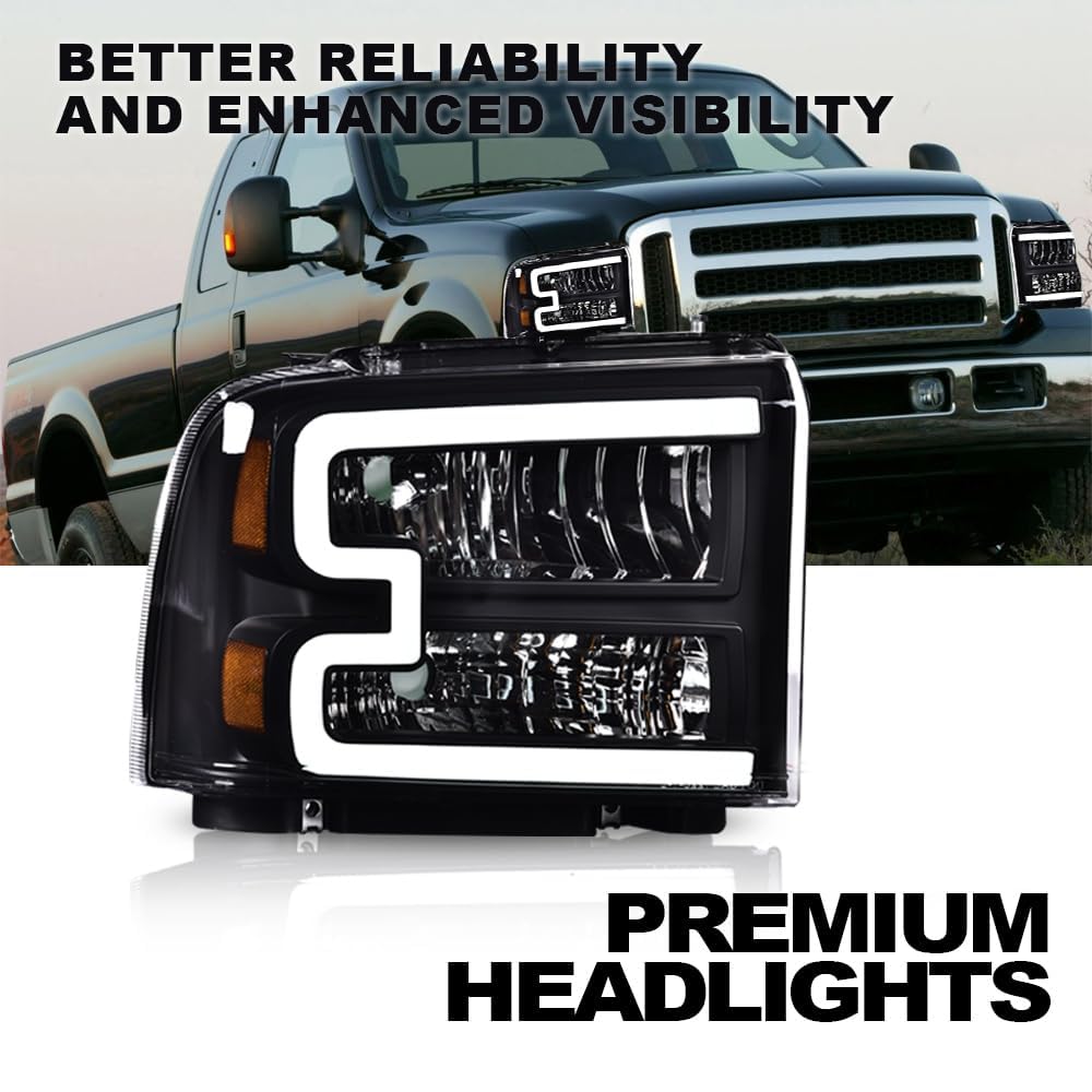 G-PLUS LED Headlight Assembly for 2005-2007 Ford F250 F350 F450 F550, Clear Lens, Black Housing, ABS Plastic, Driver & Passenger Side