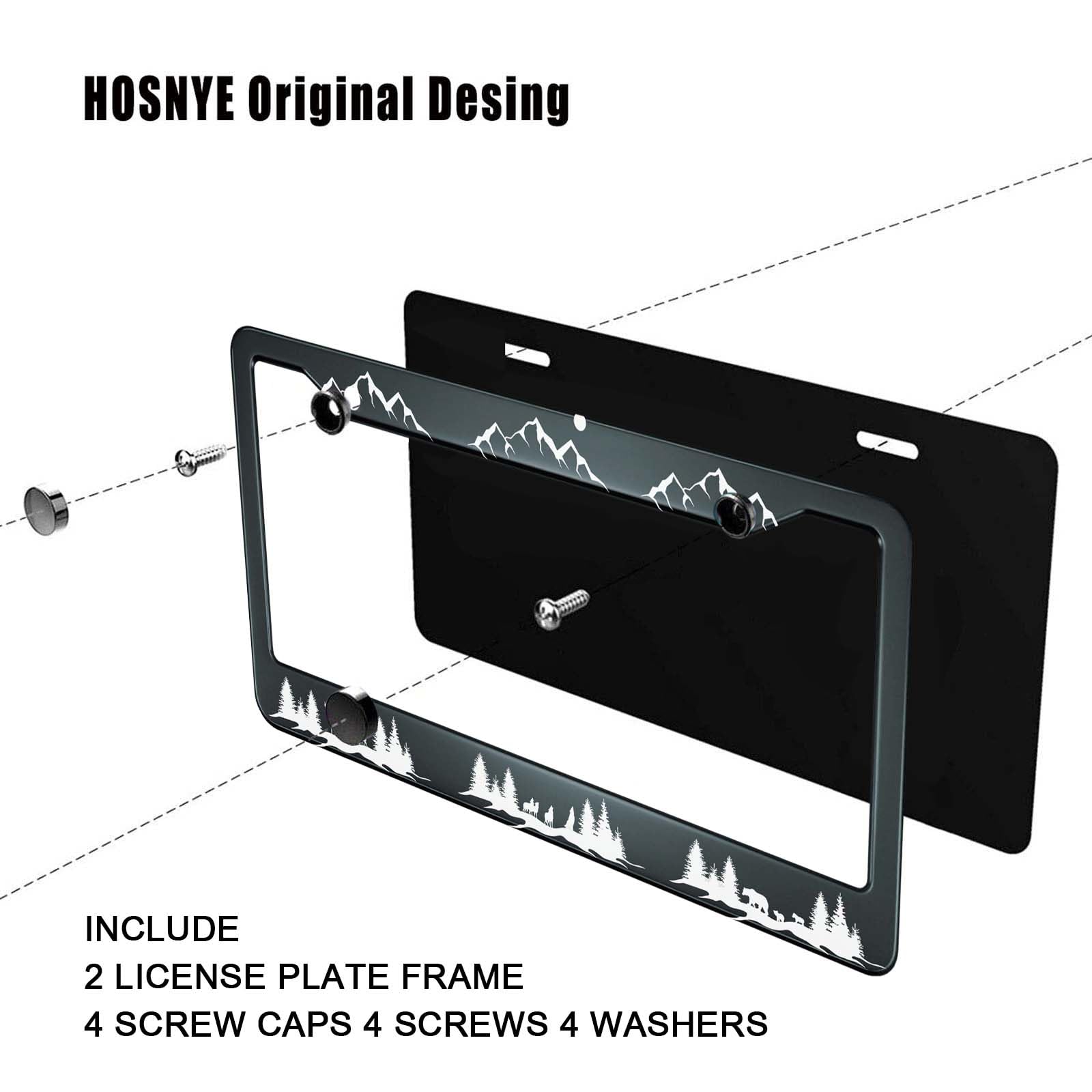 HOSNYE Mountains License Plate Frame Black 2 Pcs Deer Bear Wolf and Fox Silhouette of Wild Animals Metal Licenses Plates Frames