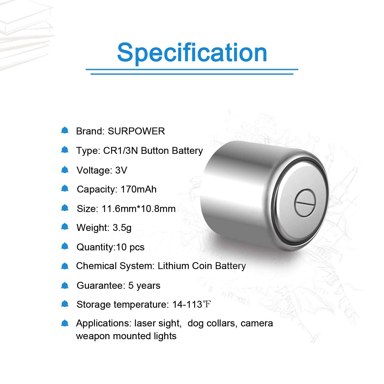 Surpower Cr1/3N 3V Lithium Battery 10 Pack ?5-Year Warranty?