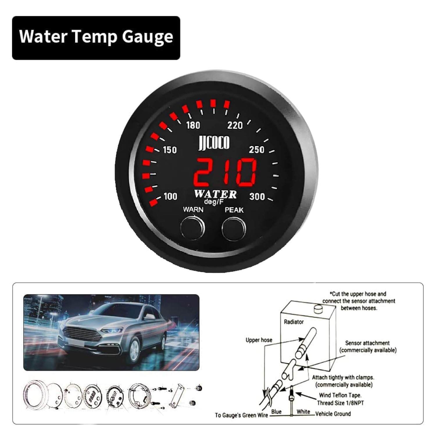 ZHSYMX Universal 52mm Water Temperature Gauge 100-300F(38-150C) Electronic Red Digital LED DC12V/24V for Car Automotive with Ala