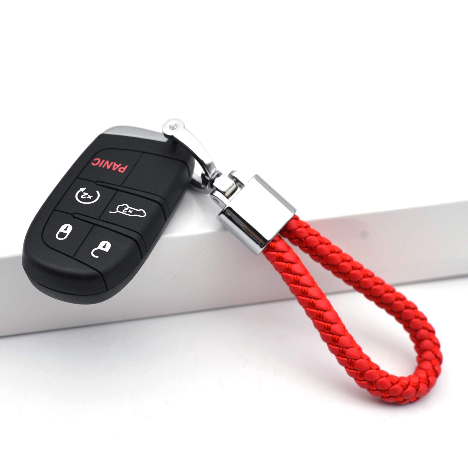 Feyoun Universal Red Leather Car Fob Keychain Metal Keyring Woven Strap Braided Rope Key Chain For Men And Women - Silver Color,