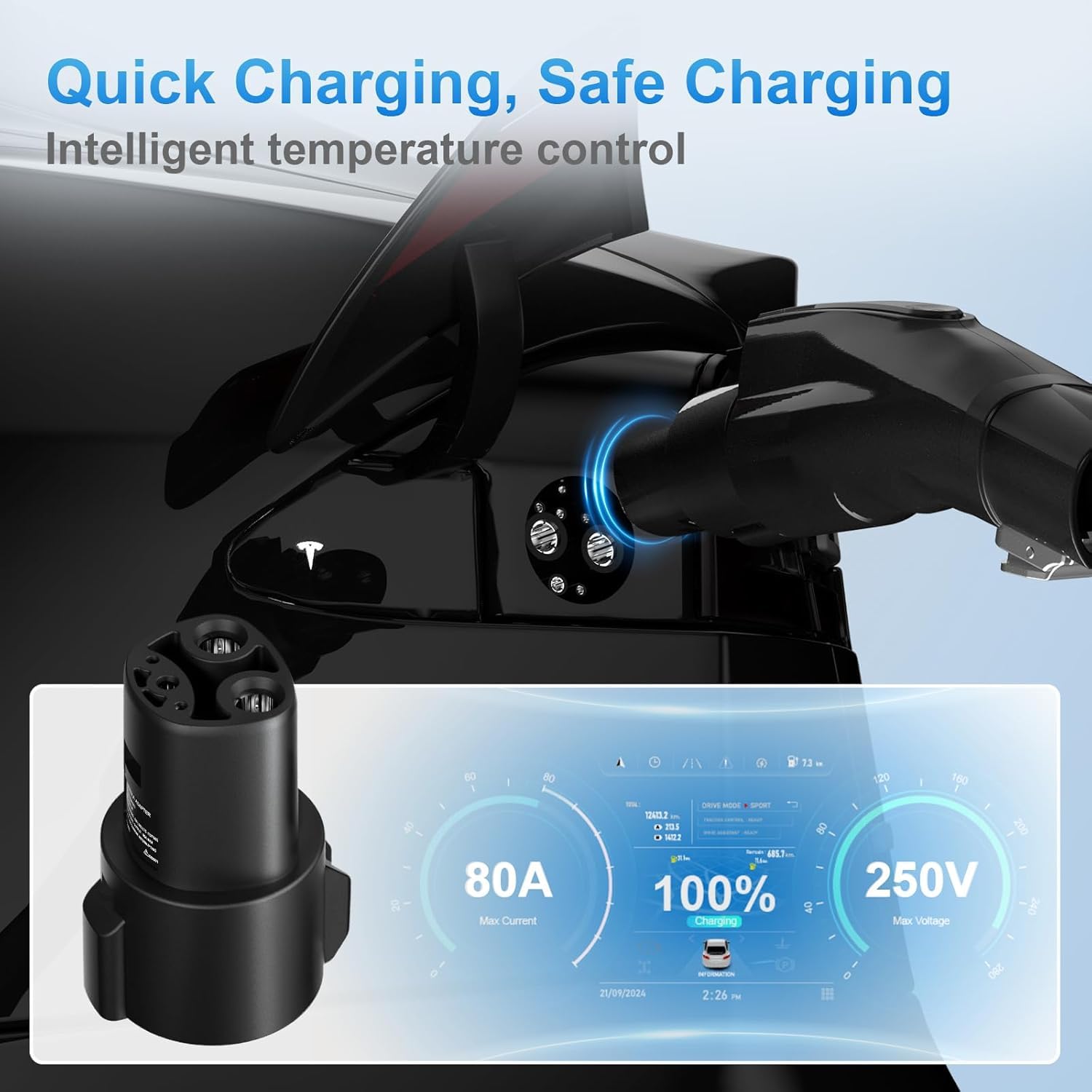Focsprod J1772 To Tesla Charger Adapter, Max 80A 280V Fast Charging For Tesla Model 3/Y/X/S With Safety Certified Charger Connecting Charging Adapter, Sae J1772 Ev Adapter For Tesla Cars Only