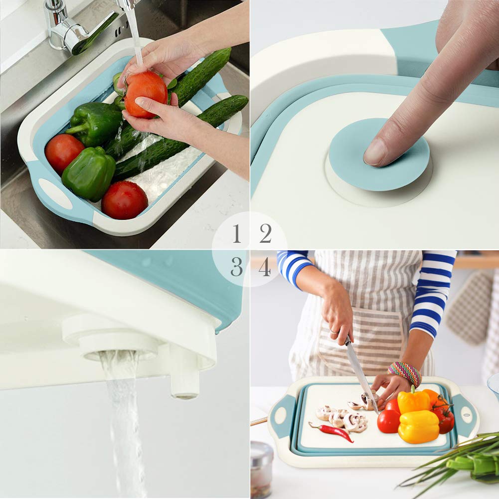 ROTTOGOON Collapsible Cutting Board - Foldable Chopping Board with Colander, Light Blue Silicone Dish Tub for BBQ, Picnic, Camping