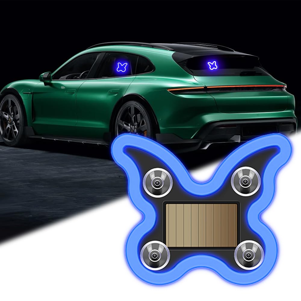 NHHEO Car LED Interior Light, 6 Modes Butterfly Blue Ambient Light Solar-Powered&USB Charging LED Neon Light for Car Window Deco