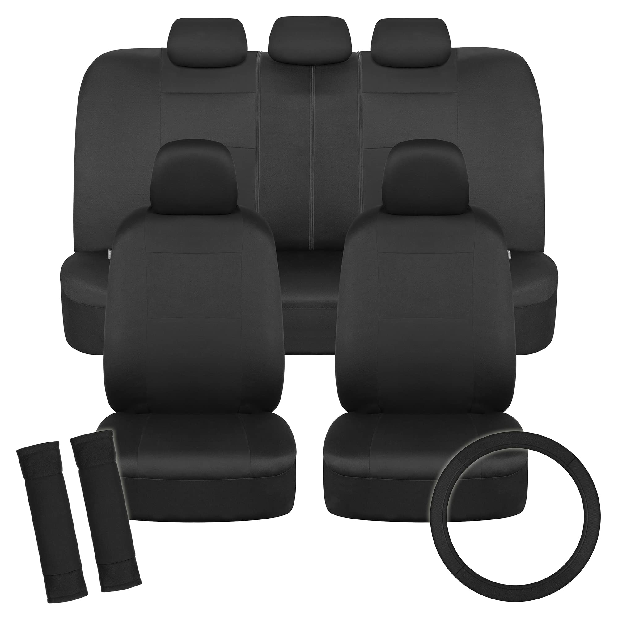 BDK PolyPro Car Seat Covers Full Set in Solid Black with Steering Wheel Cover & Seat Belt Pads  Front and Rear Split Bench Car