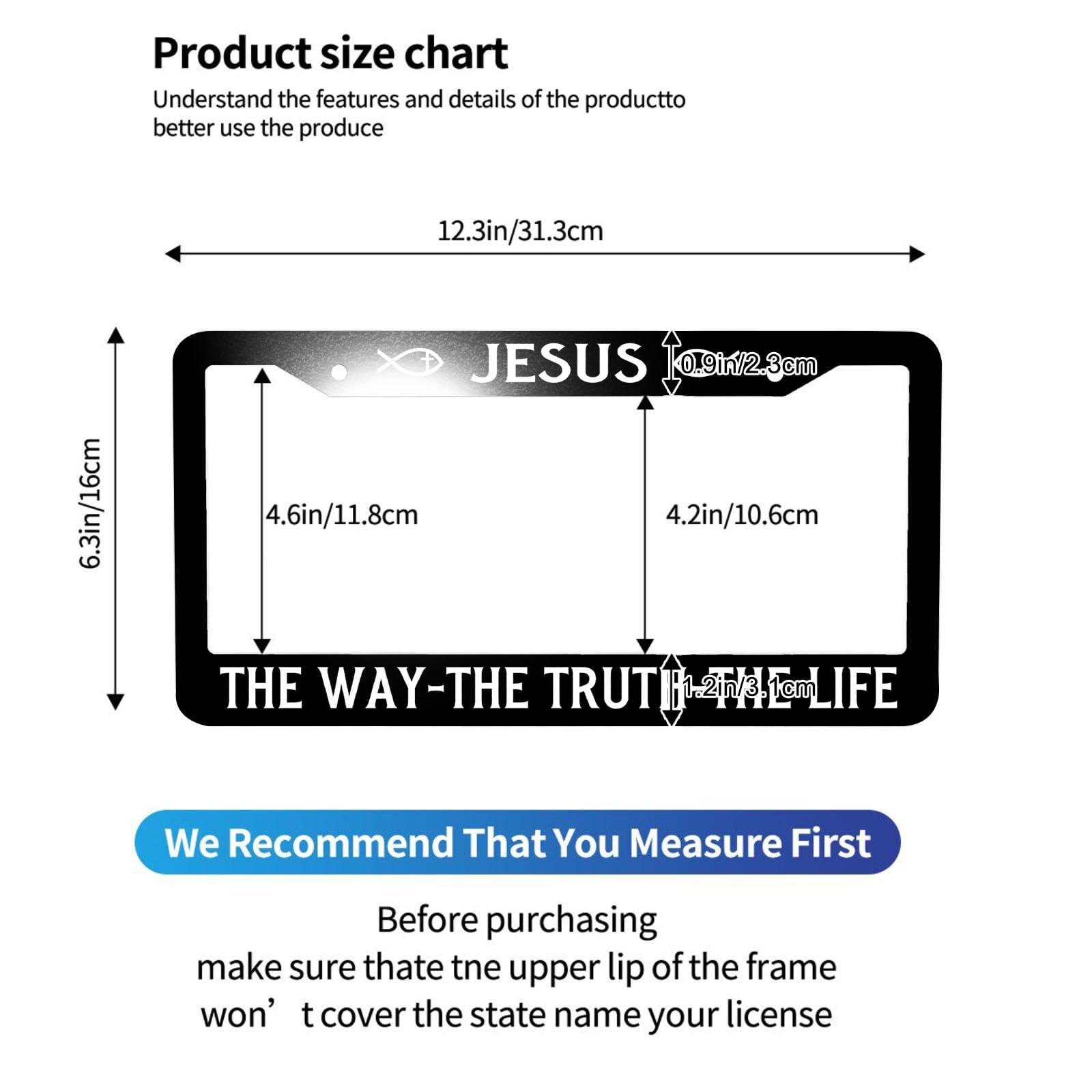 GIITSRIZ License Plate Frame - Christian Car Accessories, 'The Way The Truth The Life' Design, 2 Holes for Easy Installation