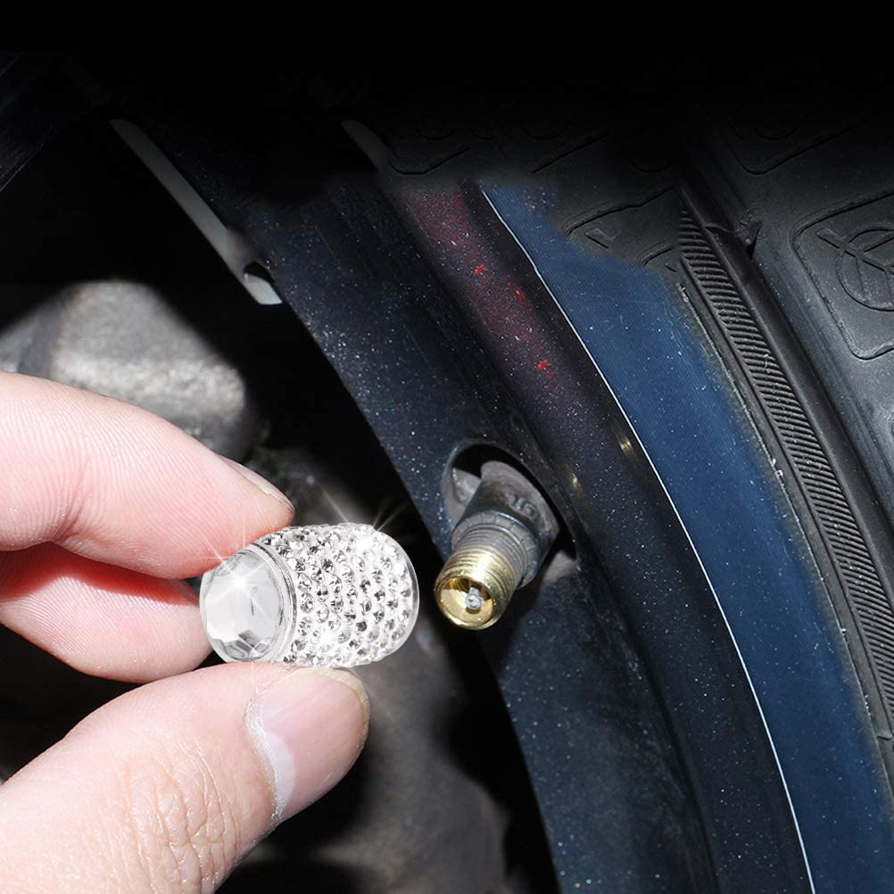 ToBeQueen Bling Tire Valve Caps - 4 Pack Crystal Rhinestone Car Accessories - Universal Fit for Cars/SUVs/Motorcycles - Silver