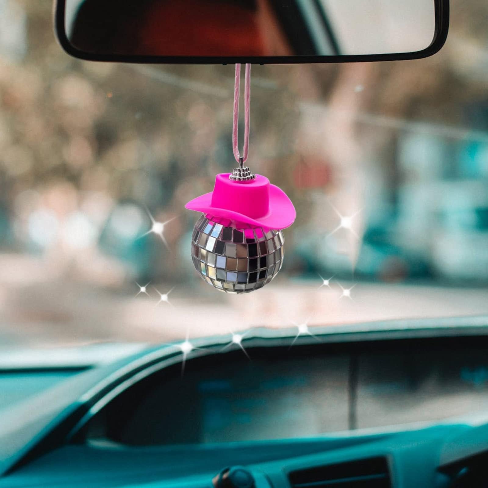 Spansee 2 Pcs Pink Disco Ball Cowboy Hat Car Accessory, Ball, Charm, Accessories For Women, Mini Car, Mirror Ornament