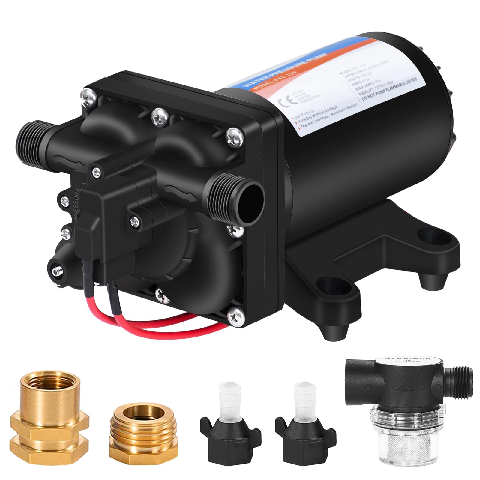 Youngtree Rv Fresh Water Pressure Pump 12V 5.5Gpm 70Psi, On Demand Self Priming Water Pump 12Volt Include 3/4'' Garden Hose Adap