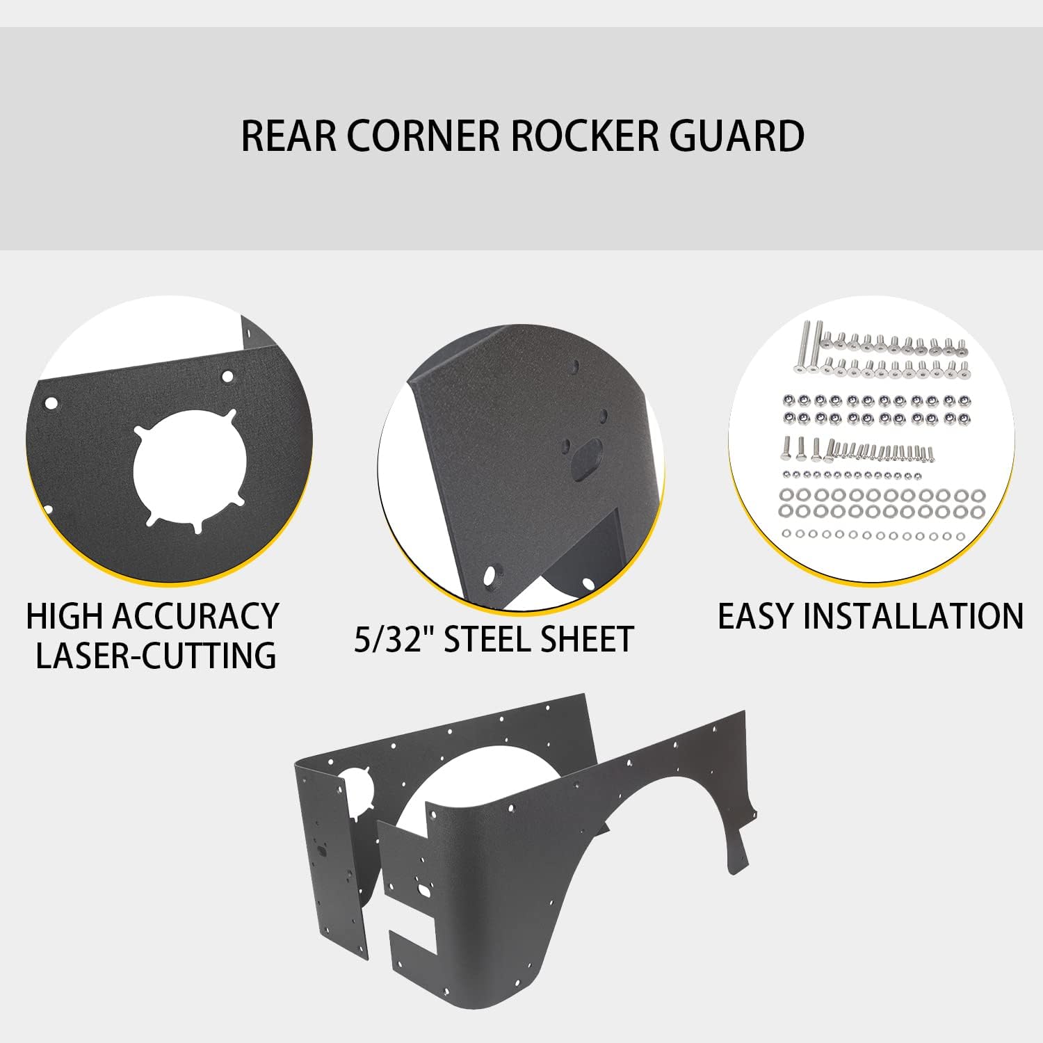 KUAFU Rear Corner Rocker Guards for 1997-2006 Jeep Wrangler TJ, Alloy Steel, Textured Black, Model BL659, 2 Pcs