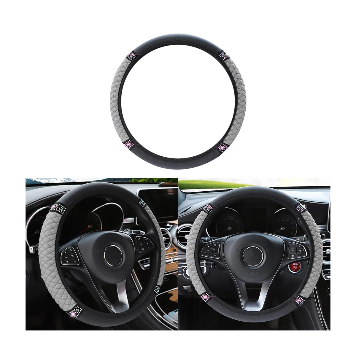 Bling Leather Steering Wheel Cover, Colorful Rhinestones Elastic Steering Wheel Protector, Pu Soft Leather With Crystal Diamond, Sparkling Car Accessories For Most Cars (Gray)